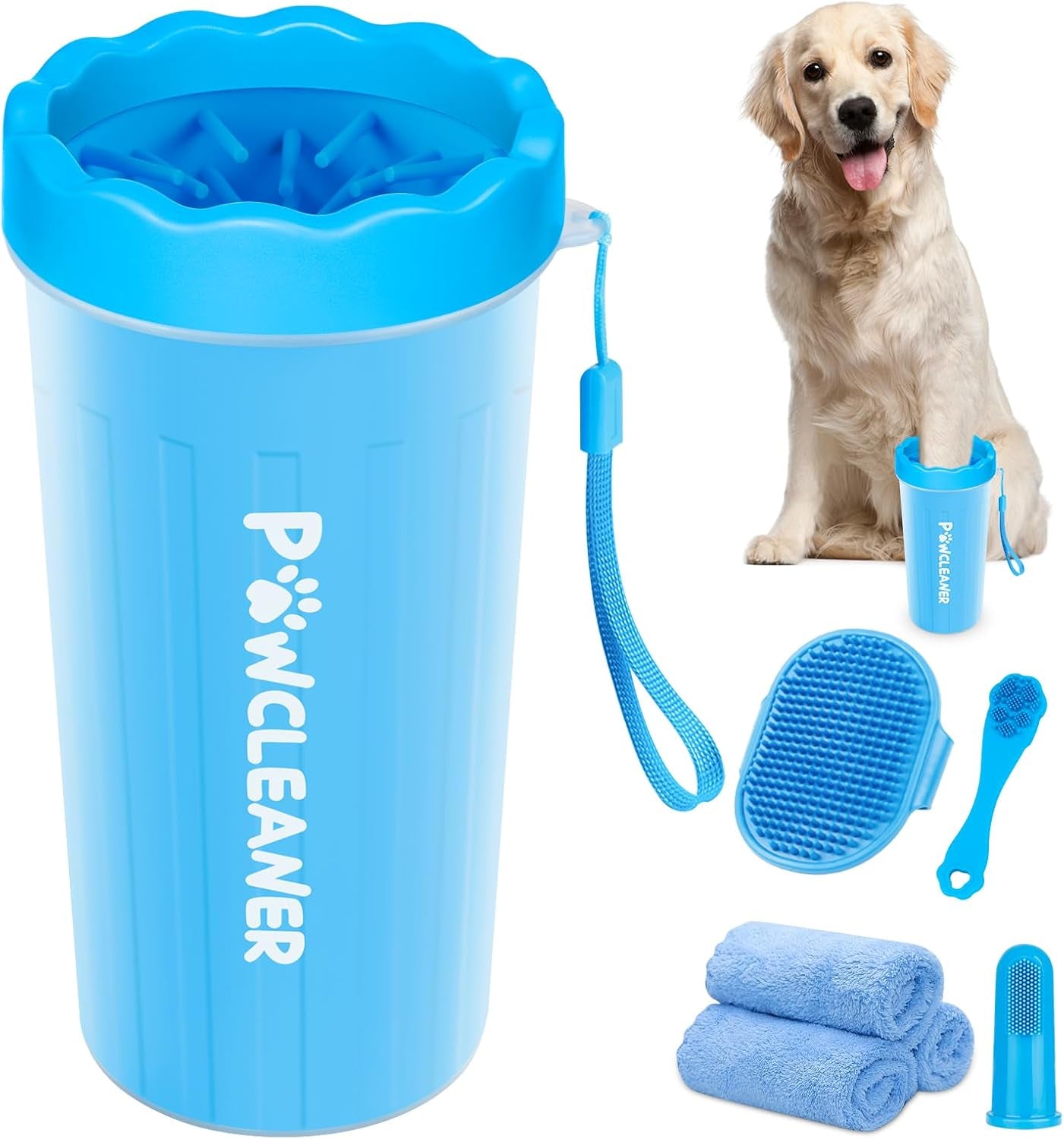 Professional 7 in 1 Dog Paw Cleaner for Dogs & Cats - Includes 1 Portable Paw Washer, 1 Bath Brush, 2 Dog Toothbrushes and 3 Absorbent Towels Note: Fits Paws 2.5 to 3.5 Inches Wide (Large, Black)