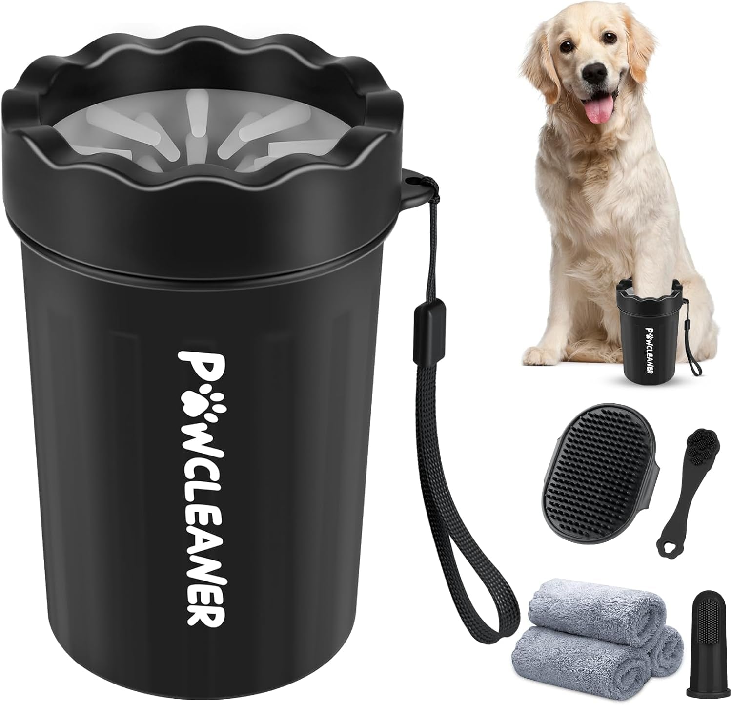 Professional 7 in 1 Dog Paw Cleaner for Dogs & Cats - Includes 1 Portable Paw Washer, 1 Bath Brush, 2 Dog Toothbrushes and 3 Absorbent Towels Note: Fits Paws 2.5 to 3.5 Inches Wide (Large, Black)