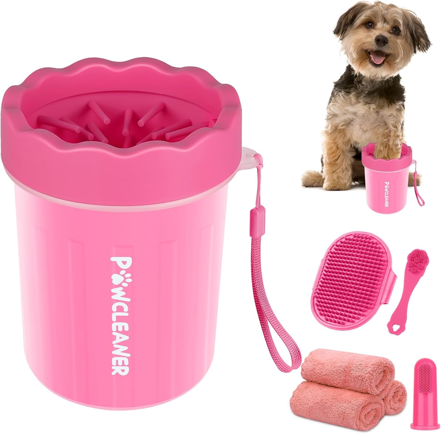 Professional 7 in 1 Dog Paw Cleaner for Dogs & Cats - Includes 1 Portable Paw Washer, 1 Bath Brush, 2 Dog Toothbrushes and 3 Absorbent Towels Note: Fits Paws 2.5 to 3.5 Inches Wide (Large, Black)