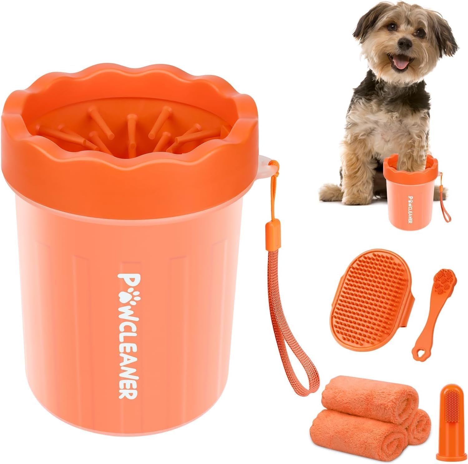 Professional 7 in 1 Dog Paw Cleaner for Dogs & Cats - Includes 1 Portable Paw Washer, 1 Bath Brush, 2 Dog Toothbrushes and 3 Absorbent Towels Note: Fits Paws 2.5 to 3.5 Inches Wide (Large, Black)