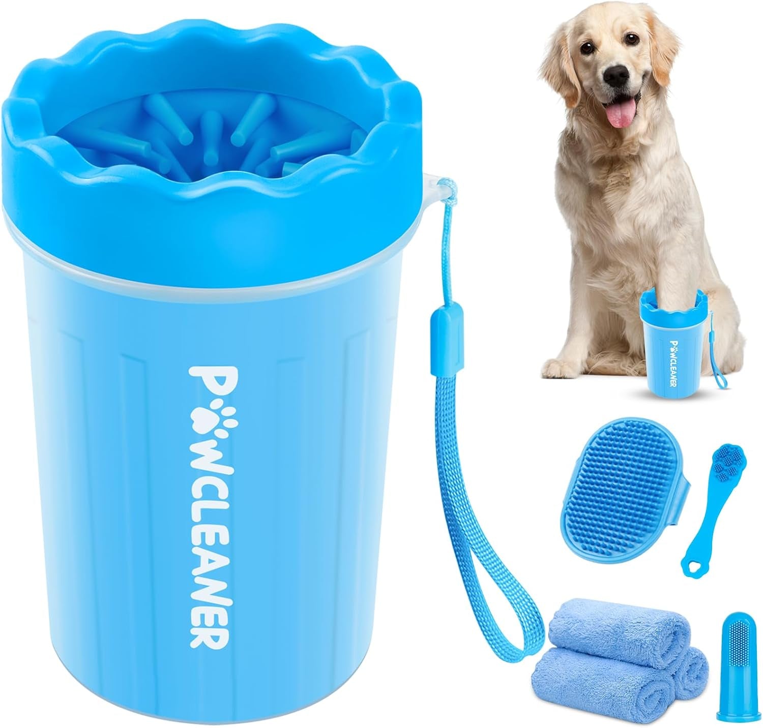 Professional 7 in 1 Dog Paw Cleaner for Dogs & Cats - Includes 1 Portable Paw Washer, 1 Bath Brush, 2 Dog Toothbrushes and 3 Absorbent Towels Note: Fits Paws 2.5 to 3.5 Inches Wide (Large, Black)