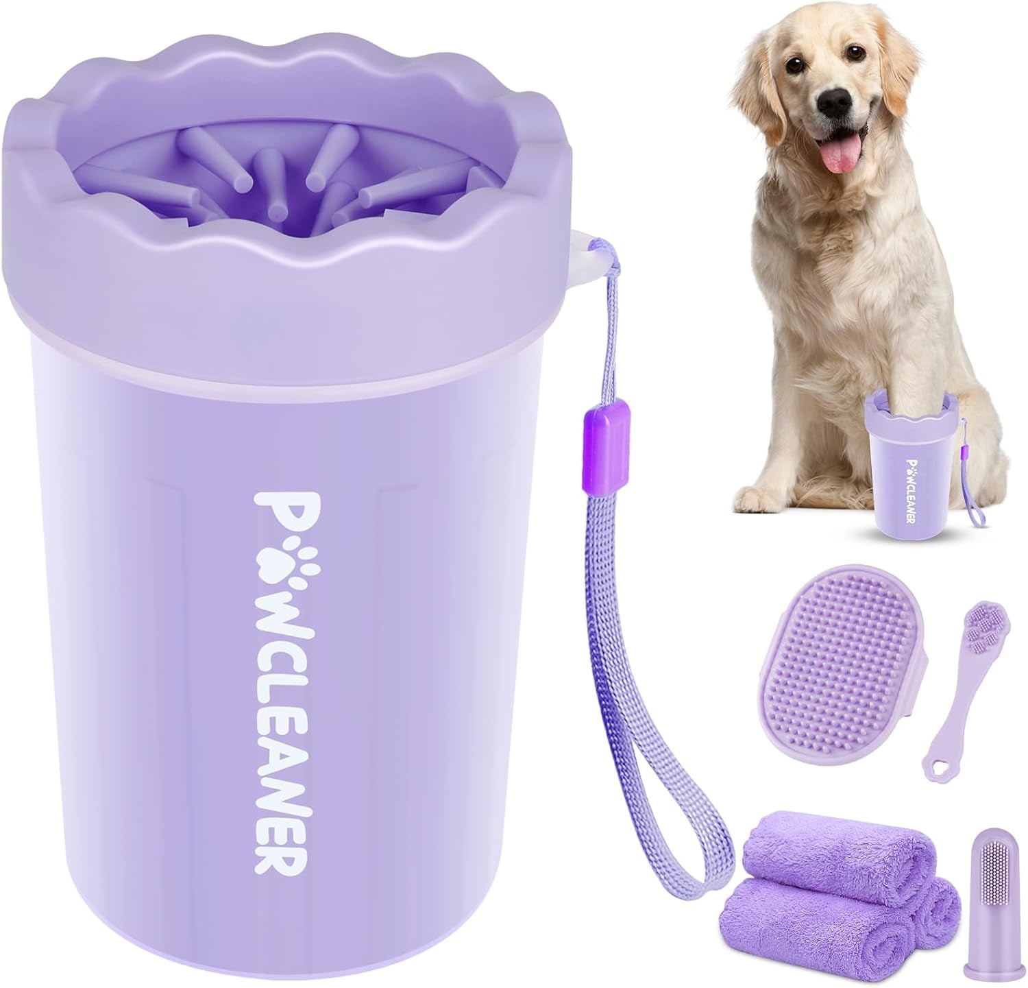 Professional 7 in 1 Dog Paw Cleaner for Dogs & Cats - Includes 1 Portable Paw Washer, 1 Bath Brush, 2 Dog Toothbrushes and 3 Absorbent Towels Note: Fits Paws 2.5 to 3.5 Inches Wide (Large, Black)