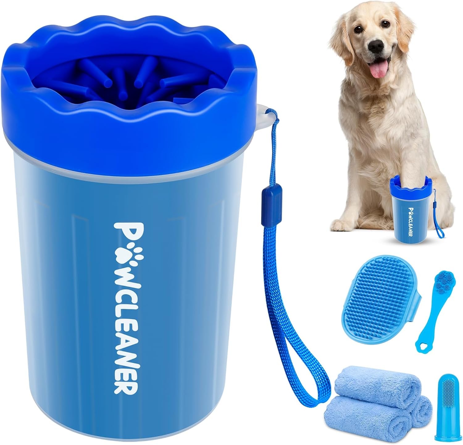 Professional 7 in 1 Dog Paw Cleaner for Dogs & Cats - Includes 1 Portable Paw Washer, 1 Bath Brush, 2 Dog Toothbrushes and 3 Absorbent Towels Note: Fits Paws 2.5 to 3.5 Inches Wide (Large, Black)