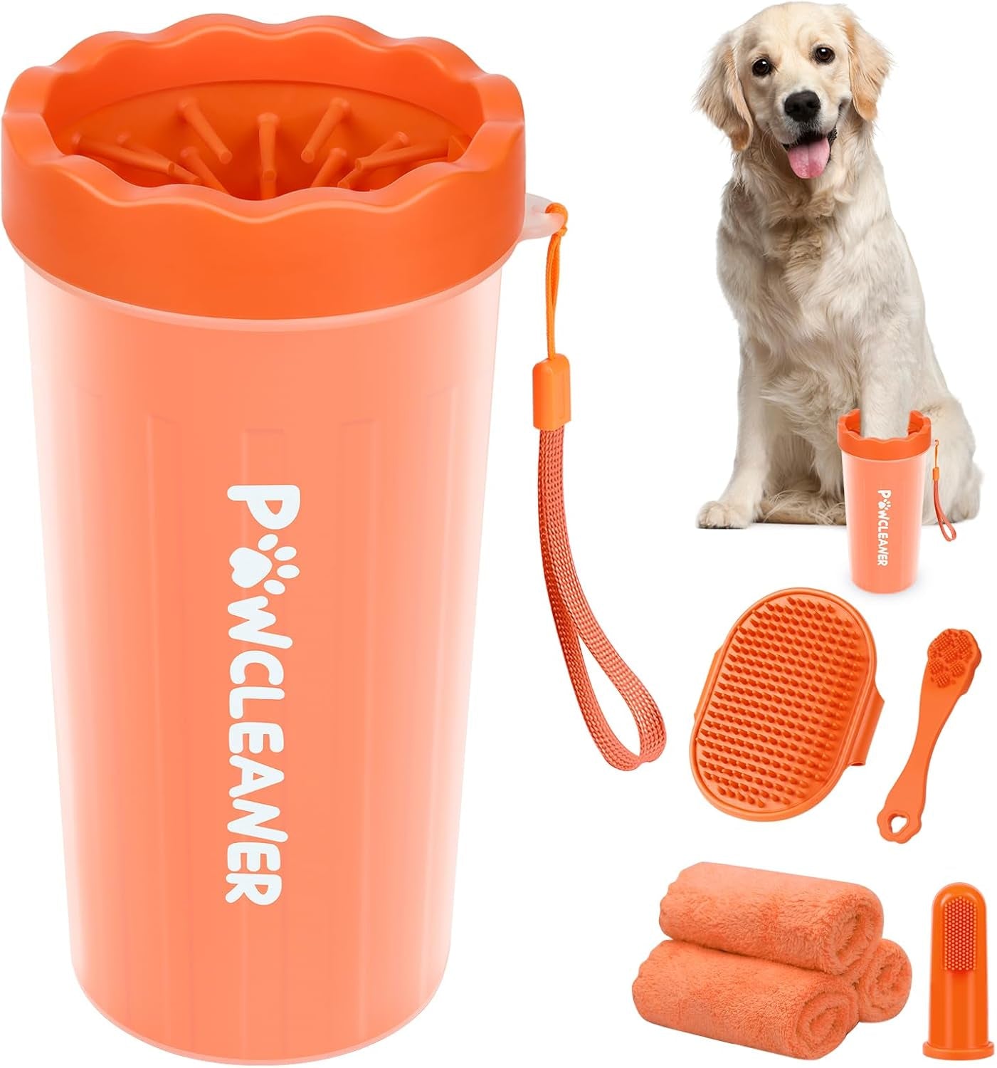 Professional 7 in 1 Dog Paw Cleaner for Dogs & Cats - Includes 1 Portable Paw Washer, 1 Bath Brush, 2 Dog Toothbrushes and 3 Absorbent Towels Note: Fits Paws 2.5 to 3.5 Inches Wide (Large, Black)