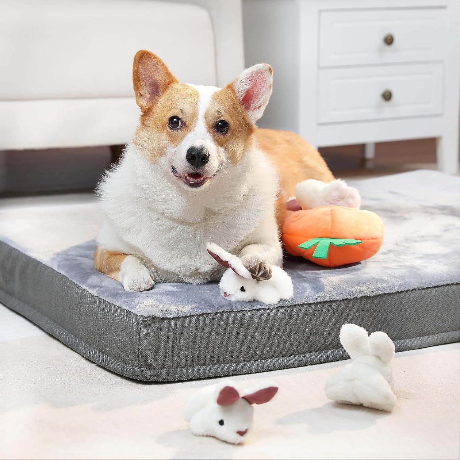 Exciting Interactive Hide and Seek Squeaky Plush Toy Set for Small Dogs - Adorable Rabbit and Carrot Design in Orange and White (5-Pack)
