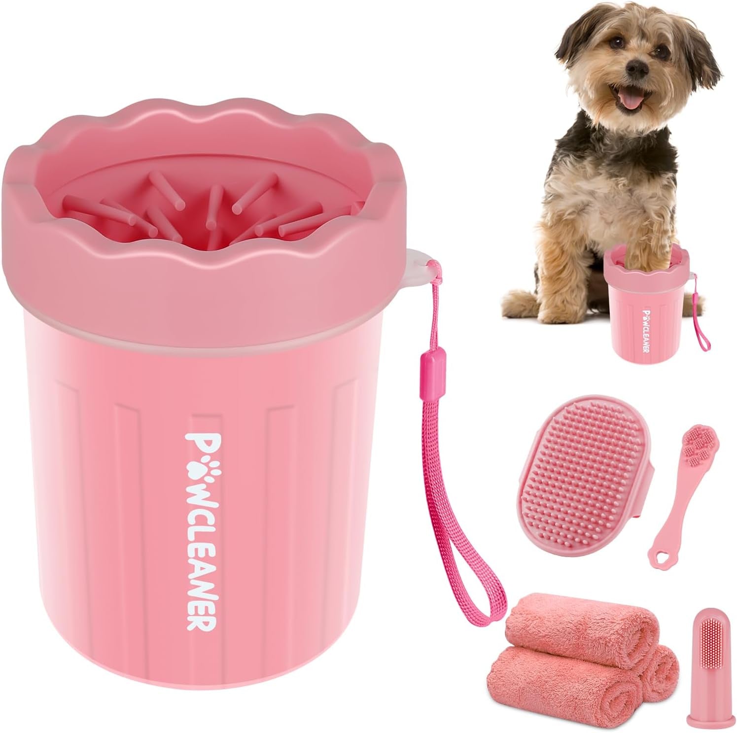 Professional 7 in 1 Dog Paw Cleaner for Dogs & Cats - Includes 1 Portable Paw Washer, 1 Bath Brush, 2 Dog Toothbrushes and 3 Absorbent Towels Note: Fits Paws 2.5 to 3.5 Inches Wide (Large, Black)