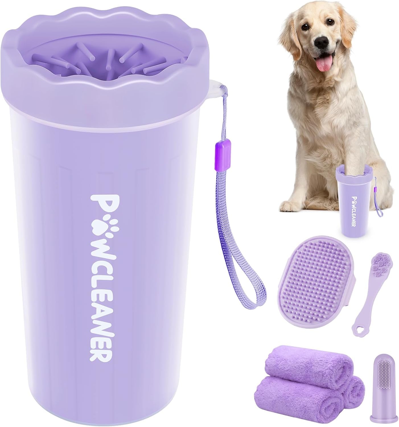 Professional 7 in 1 Dog Paw Cleaner for Dogs & Cats - Includes 1 Portable Paw Washer, 1 Bath Brush, 2 Dog Toothbrushes and 3 Absorbent Towels Note: Fits Paws 2.5 to 3.5 Inches Wide (Large, Black)