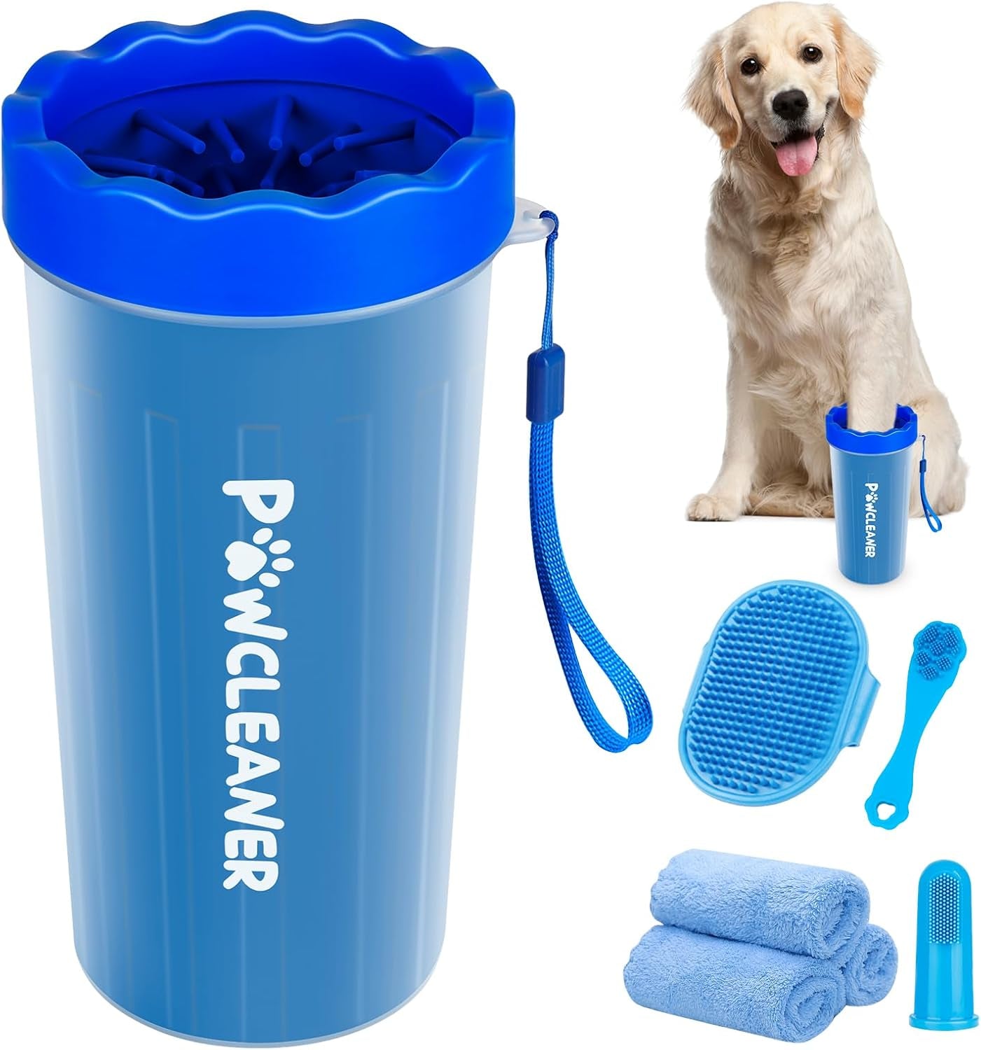 Professional 7 in 1 Dog Paw Cleaner for Dogs & Cats - Includes 1 Portable Paw Washer, 1 Bath Brush, 2 Dog Toothbrushes and 3 Absorbent Towels Note: Fits Paws 2.5 to 3.5 Inches Wide (Large, Black)