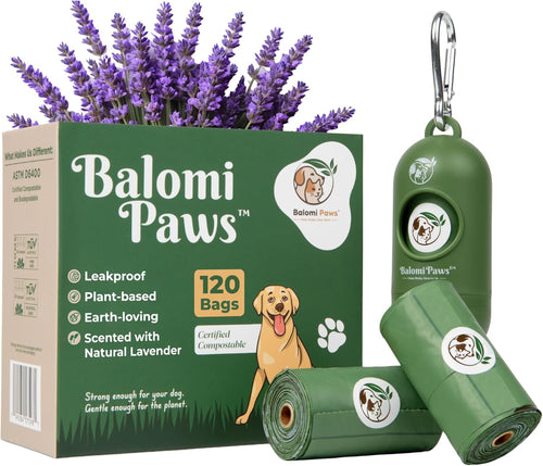 Compostable Dog Poop Bags 120 Count with Dispenser – Extra Thick Lavender Scented Pet Waste Bags, Leak Proof, Eco Friendly, Plastic Free Core, Biodegradable Dog Poop Bag Refills by