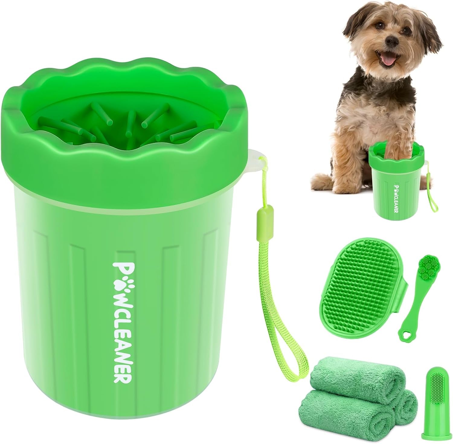 Professional 7 in 1 Dog Paw Cleaner for Dogs & Cats - Includes 1 Portable Paw Washer, 1 Bath Brush, 2 Dog Toothbrushes and 3 Absorbent Towels Note: Fits Paws 2.5 to 3.5 Inches Wide (Large, Black)