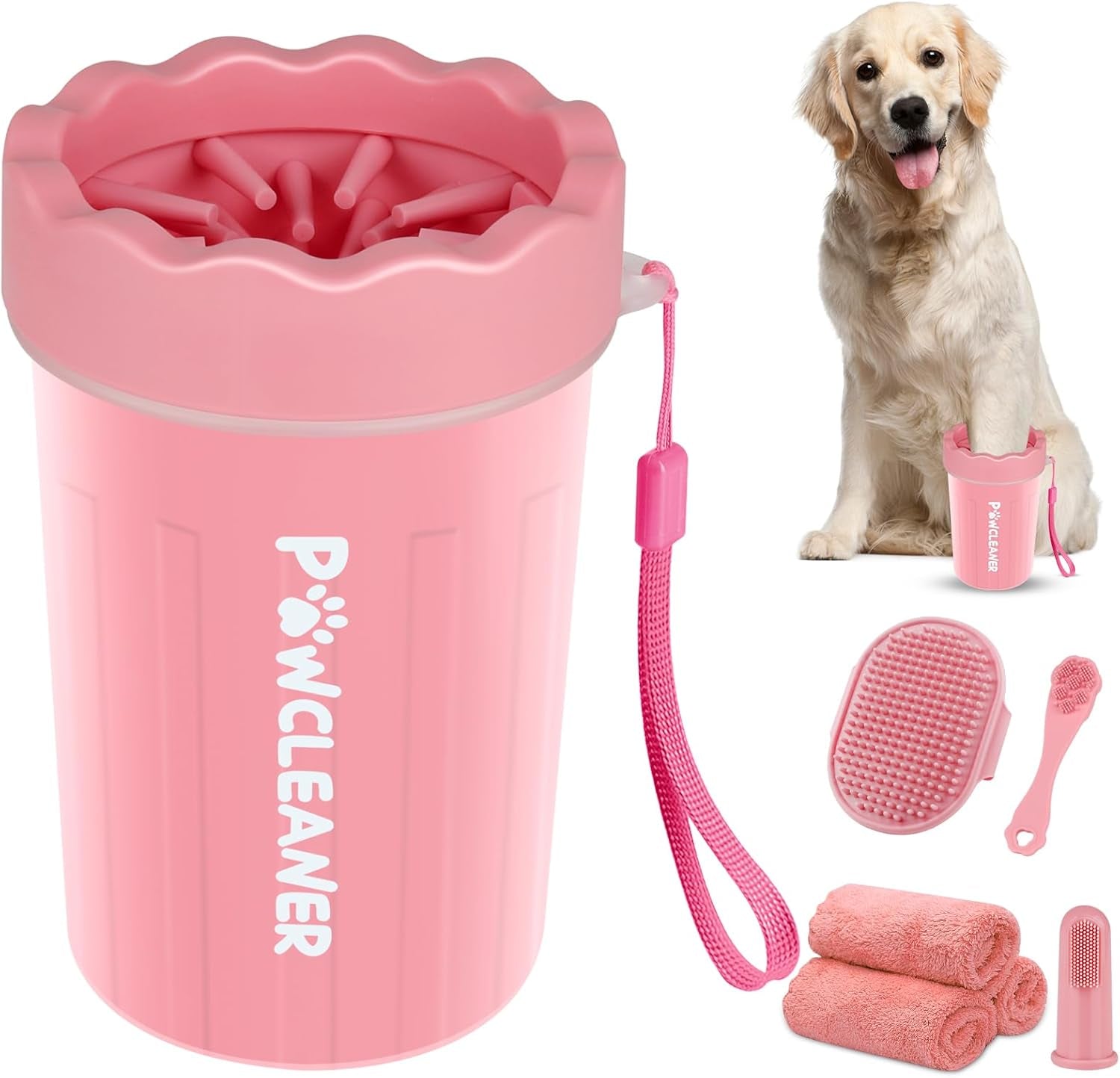 Professional 7 in 1 Dog Paw Cleaner for Dogs & Cats - Includes 1 Portable Paw Washer, 1 Bath Brush, 2 Dog Toothbrushes and 3 Absorbent Towels Note: Fits Paws 2.5 to 3.5 Inches Wide (Large, Black)