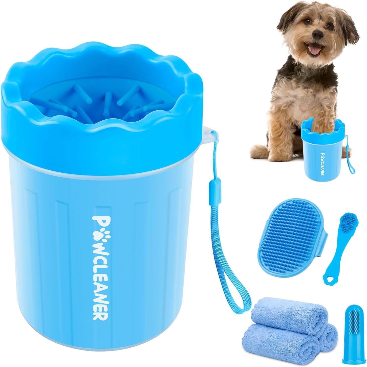 Professional 7 in 1 Dog Paw Cleaner for Dogs & Cats - Includes 1 Portable Paw Washer, 1 Bath Brush, 2 Dog Toothbrushes and 3 Absorbent Towels Note: Fits Paws 2.5 to 3.5 Inches Wide (Large, Black)