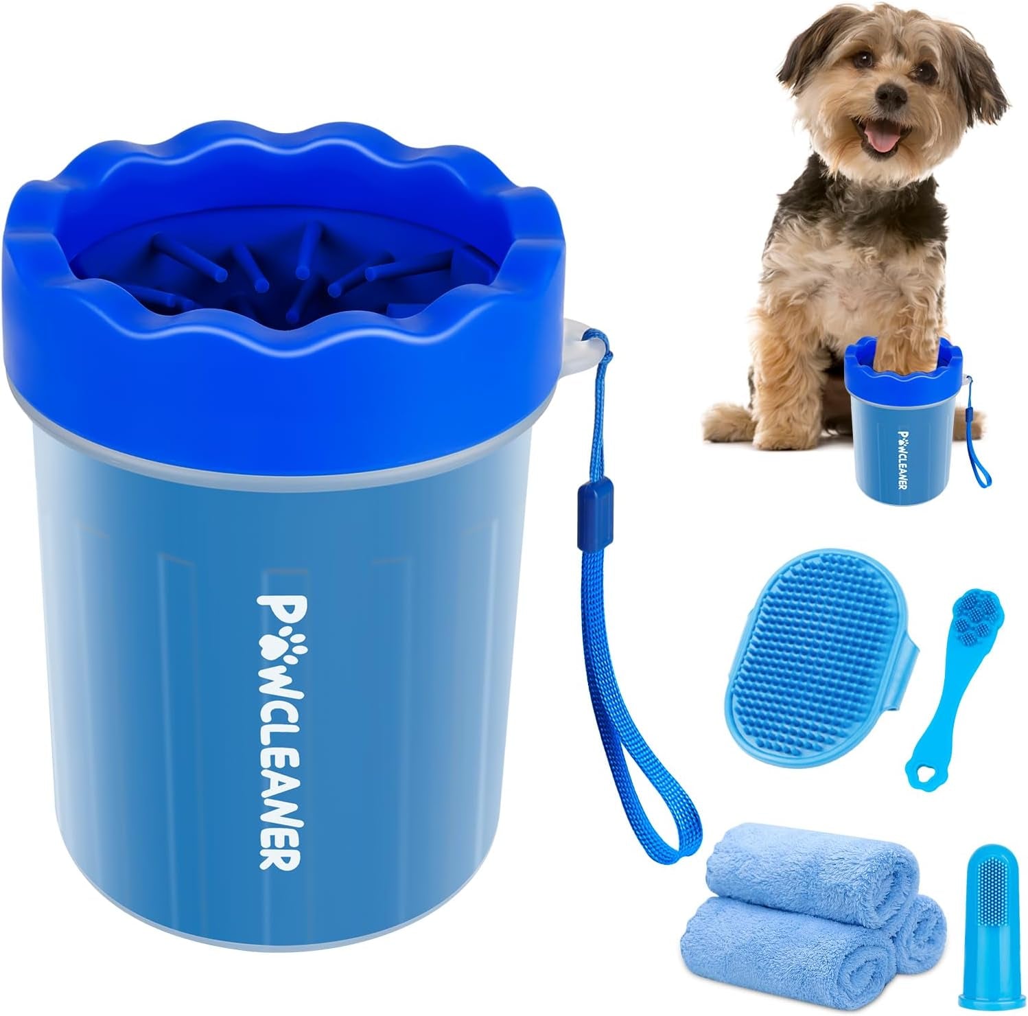 Professional 7 in 1 Dog Paw Cleaner for Dogs & Cats - Includes 1 Portable Paw Washer, 1 Bath Brush, 2 Dog Toothbrushes and 3 Absorbent Towels Note: Fits Paws 2.5 to 3.5 Inches Wide (Large, Black)