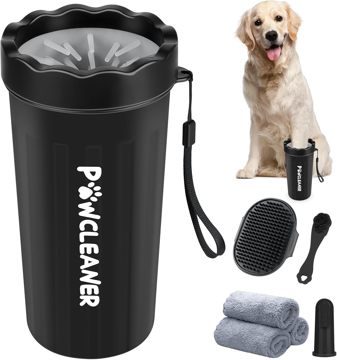 Professional 7 in 1 Dog Paw Cleaner for Dogs & Cats - Includes 1 Portable Paw Washer, 1 Bath Brush, 2 Dog Toothbrushes and 3 Absorbent Towels Note: Fits Paws 2.5 to 3.5 Inches Wide (Large, Black)