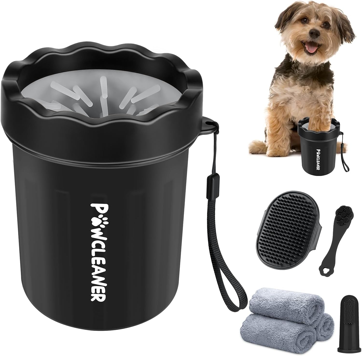 Professional 7 in 1 Dog Paw Cleaner for Dogs & Cats - Includes 1 Portable Paw Washer, 1 Bath Brush, 2 Dog Toothbrushes and 3 Absorbent Towels Note: Fits Paws 2.5 to 3.5 Inches Wide (Large, Black)