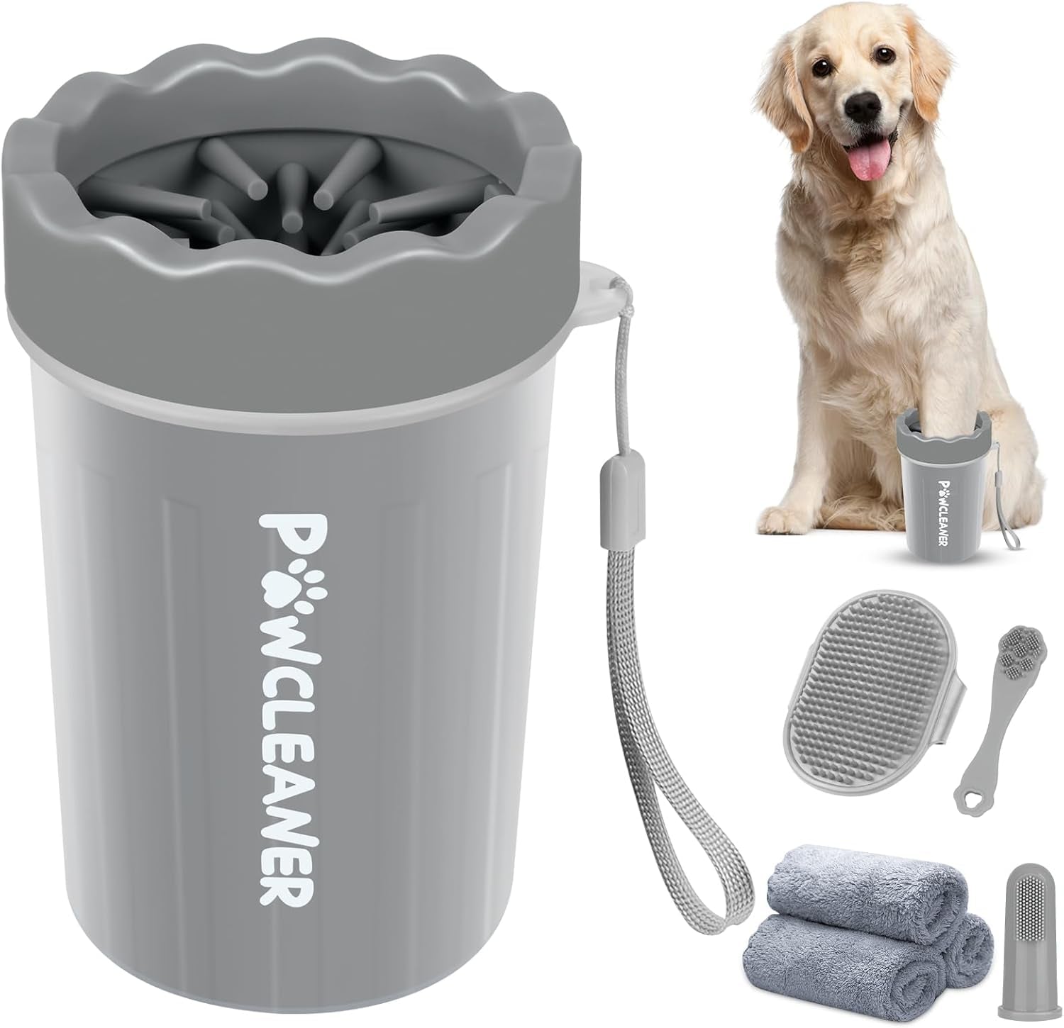 Professional 7 in 1 Dog Paw Cleaner for Dogs & Cats - Includes 1 Portable Paw Washer, 1 Bath Brush, 2 Dog Toothbrushes and 3 Absorbent Towels Note: Fits Paws 2.5 to 3.5 Inches Wide (Large, Black)