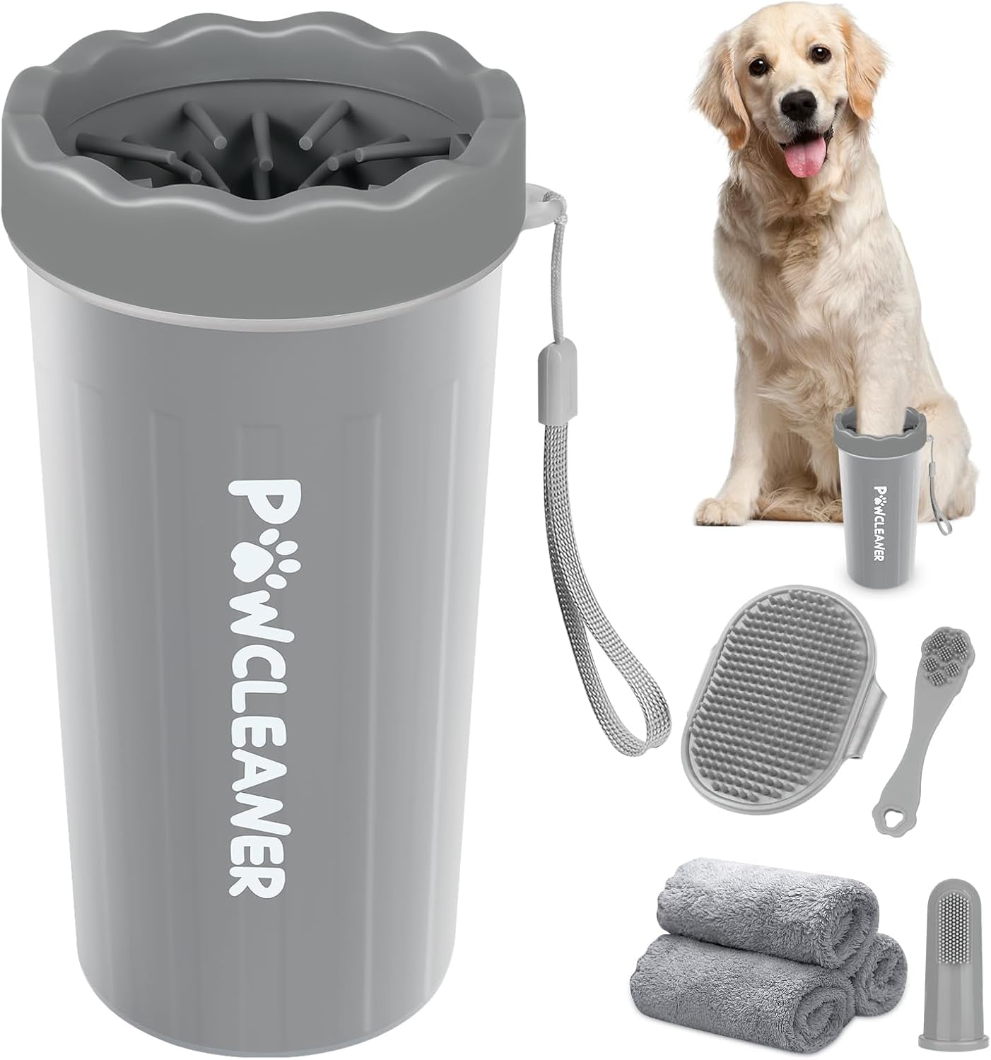 Professional 7 in 1 Dog Paw Cleaner for Dogs & Cats - Includes 1 Portable Paw Washer, 1 Bath Brush, 2 Dog Toothbrushes and 3 Absorbent Towels Note: Fits Paws 2.5 to 3.5 Inches Wide (Large, Black)