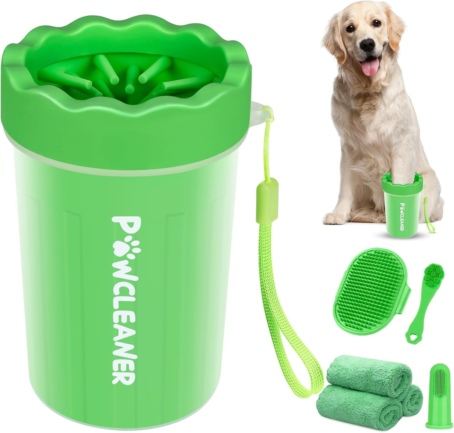 Professional 7 in 1 Dog Paw Cleaner for Dogs & Cats - Includes 1 Portable Paw Washer, 1 Bath Brush, 2 Dog Toothbrushes and 3 Absorbent Towels Note: Fits Paws 2.5 to 3.5 Inches Wide (Large, Black)