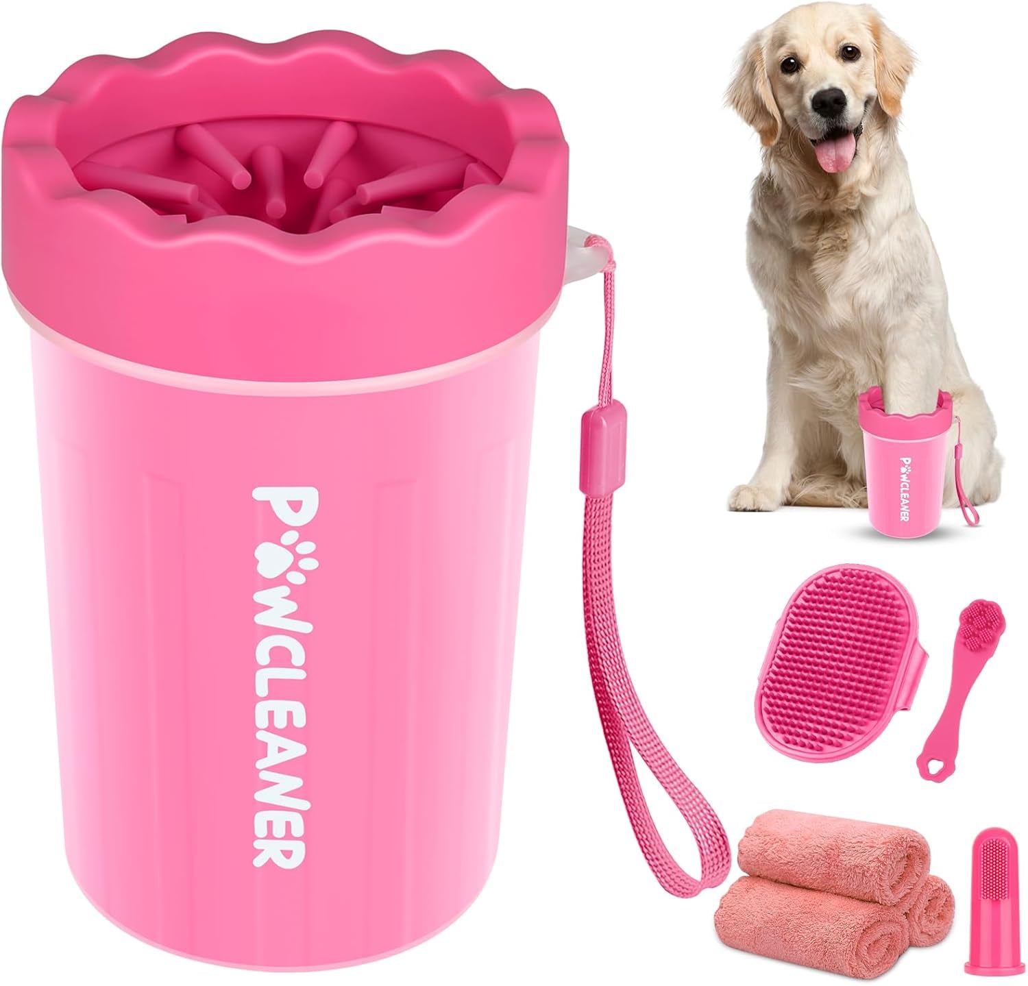 Professional 7 in 1 Dog Paw Cleaner for Dogs & Cats - Includes 1 Portable Paw Washer, 1 Bath Brush, 2 Dog Toothbrushes and 3 Absorbent Towels Note: Fits Paws 2.5 to 3.5 Inches Wide (Large, Black)
