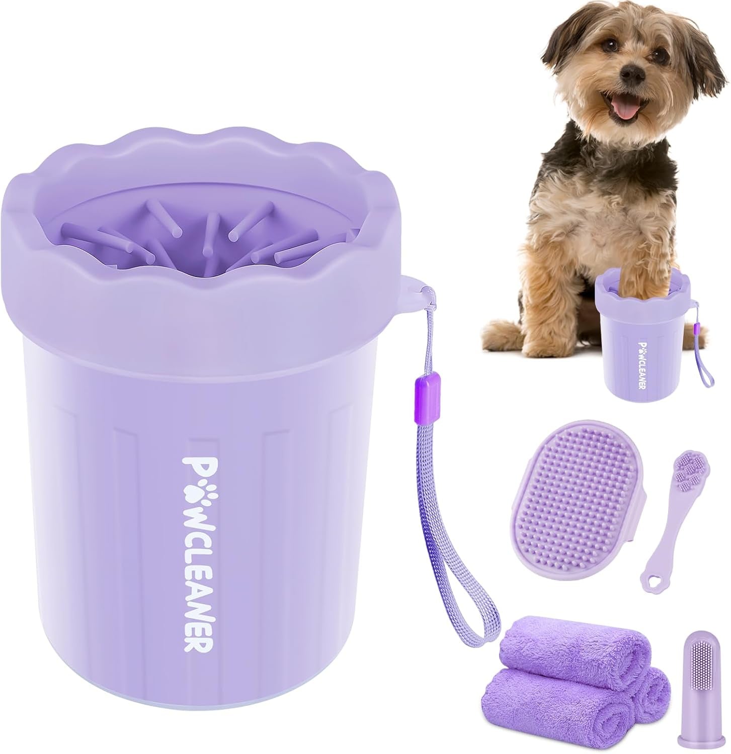 Professional 7 in 1 Dog Paw Cleaner for Dogs & Cats - Includes 1 Portable Paw Washer, 1 Bath Brush, 2 Dog Toothbrushes and 3 Absorbent Towels Note: Fits Paws 2.5 to 3.5 Inches Wide (Large, Black)