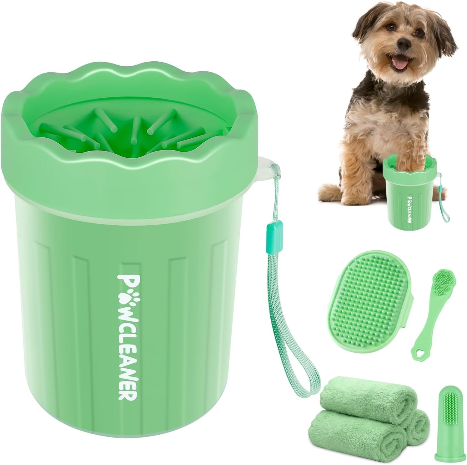 Professional 7 in 1 Dog Paw Cleaner for Dogs & Cats - Includes 1 Portable Paw Washer, 1 Bath Brush, 2 Dog Toothbrushes and 3 Absorbent Towels Note: Fits Paws 2.5 to 3.5 Inches Wide (Large, Black)