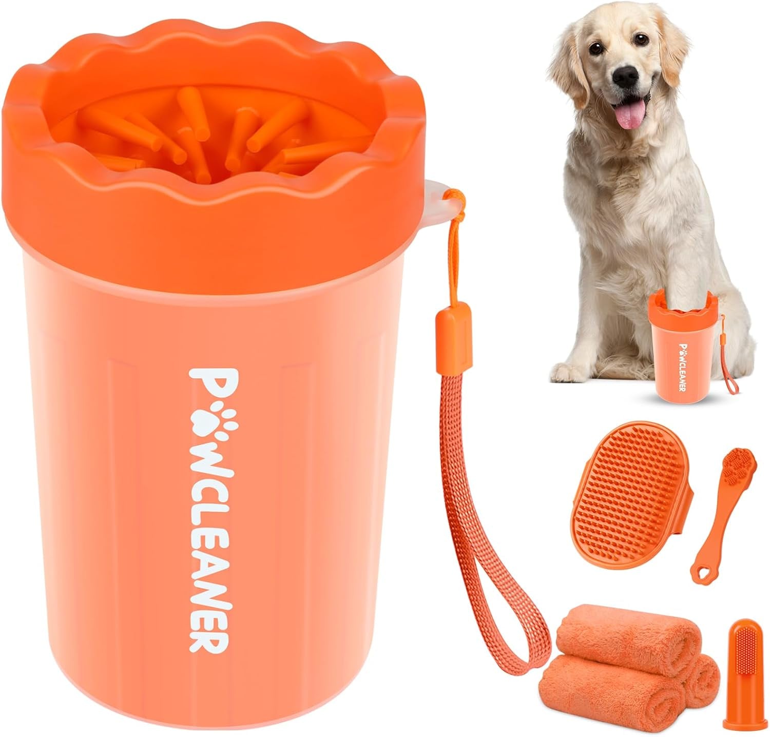 Professional 7 in 1 Dog Paw Cleaner for Dogs & Cats - Includes 1 Portable Paw Washer, 1 Bath Brush, 2 Dog Toothbrushes and 3 Absorbent Towels Note: Fits Paws 2.5 to 3.5 Inches Wide (Large, Black)